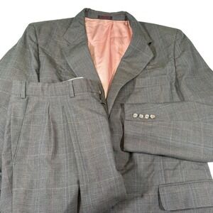 Yorkshire Square 44L Grey Glen Plaid Two Piece Suit Blazer Pleated Pants Vintage